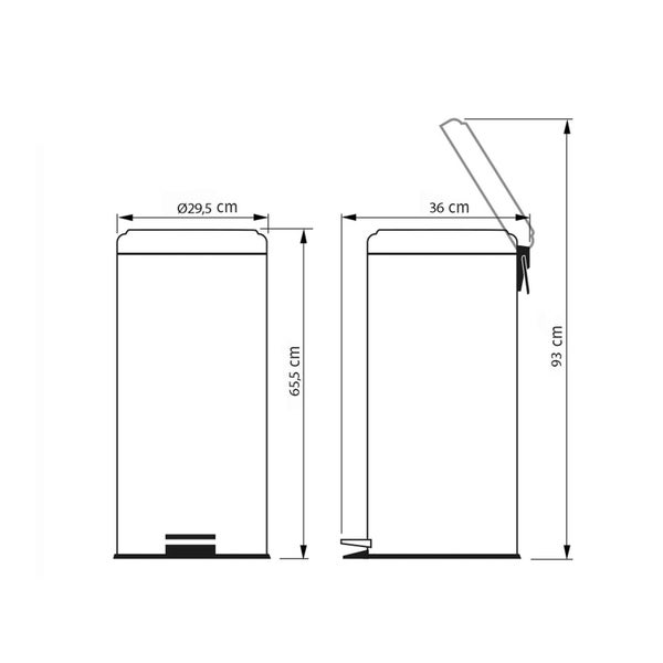 Technische Zeichnung eines Treteimer mit Maßangaben