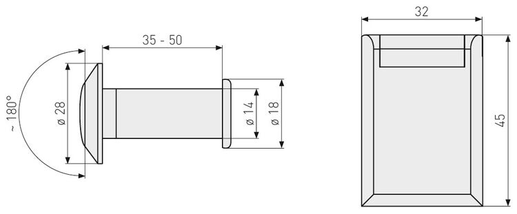 Technische Zeichnung Türspion: Weitwinkel circa 180 Grad, Durchmesser 14 Millimeter, Länge 35 bis 50 Millimeter, Abdeckung 32 mal 45 Millimeter.