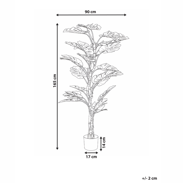 Abbildung einer Monstera Kunstpflanze mit Größenangaben