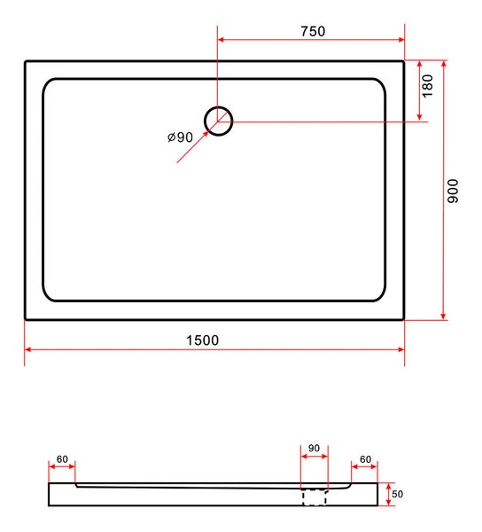 Technische Zeichnung einer Duschwanne mit Maßangaben