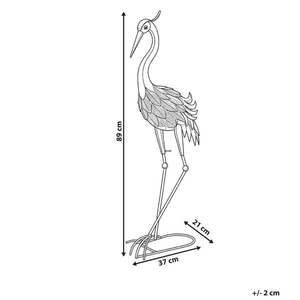 Technische Zeichnung einer Gartenfigur Kranich mit Maßen: Höhe 89 cm, Breite 37 cm, Tiefe 21 cm, Abweichung plus minus 2 cm.