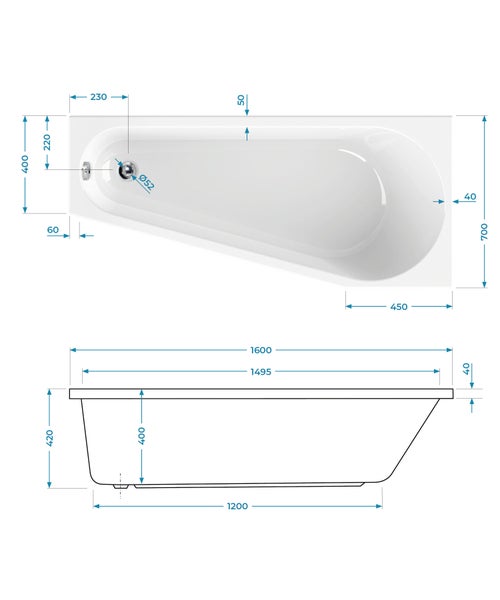 Technische Zeichnung einer asymmetrischen Badewanne mit Maßangaben in Millimetern für die Draufsicht und Seitenansicht.