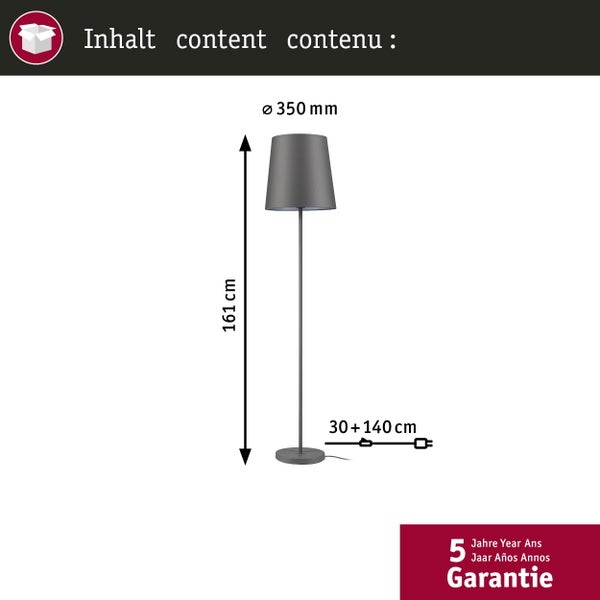 Abmessungen einer Stehlampe mit Lampenschirm und Fuß