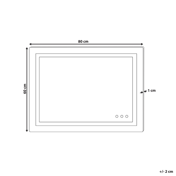 Skizze eines Spiegels mit den Maßen 80 mal 60 Zentimeter und einer Tiefe von 1 Zentimeter
