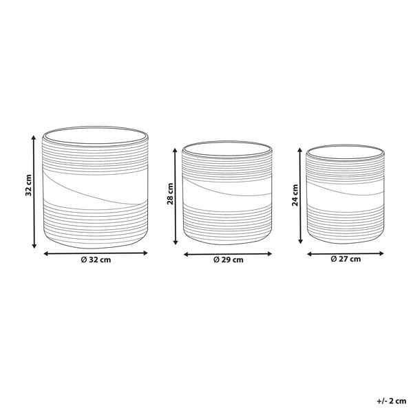 Abmessungen von drei runden Pflanzgefäßen: 32 cm Durchmesser und 32 cm Höhe, 29 cm Durchmesser und 28 cm Höhe, 27 cm Durchmesser und 24 cm Höhe