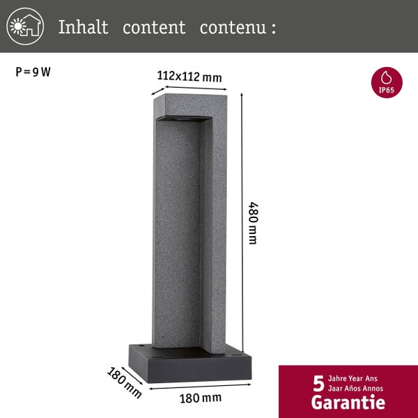 LED Pollerleuchte Concrea IP65 450mm 3000K 6,8W 200lm 230V Schwarzer Sandstein Beton