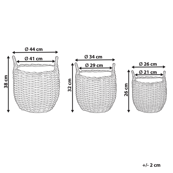 Abbildung von drei geflochtenen Körben in verschiedenen Größen mit Maßangaben