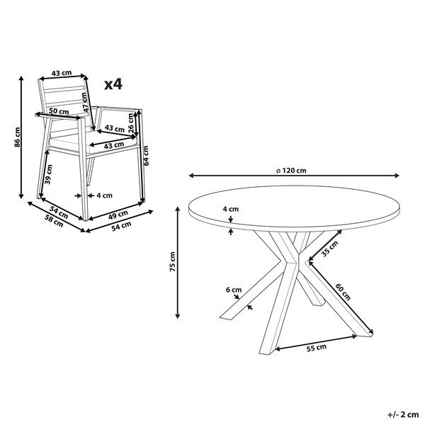 Abmessungen von vier Stühlen und einem runden Esstisch