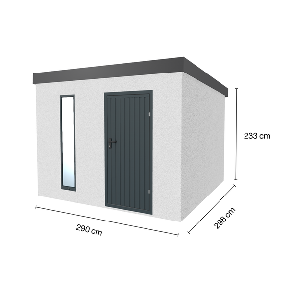 Abbildung eines Gartenhauses mit Tür, Fenster und den Maßen 290 x 298 x 233 cm.