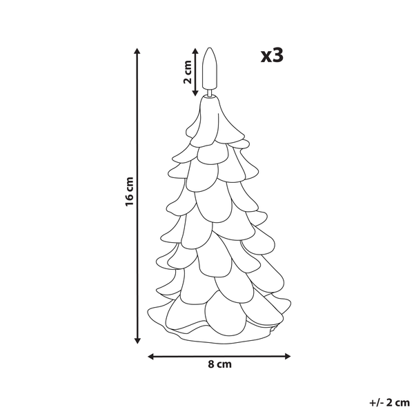 Abmessungen eines Dekobaums im 3er-Set: 16 cm hoch, 8 cm breit, 2 cm Spitze