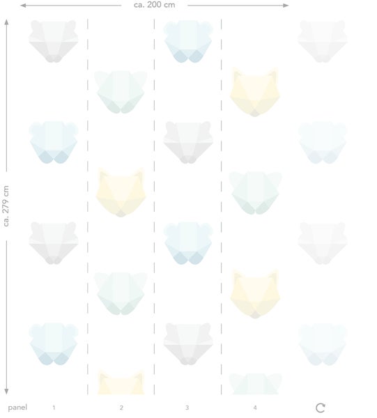Origin Wallcoverings Fototapete Origami Tierköpfe Pastell Mintgrün, Pastellblau, Pastellgelb, Hellgrau und Weiß - 200 x 279 cm - 357208