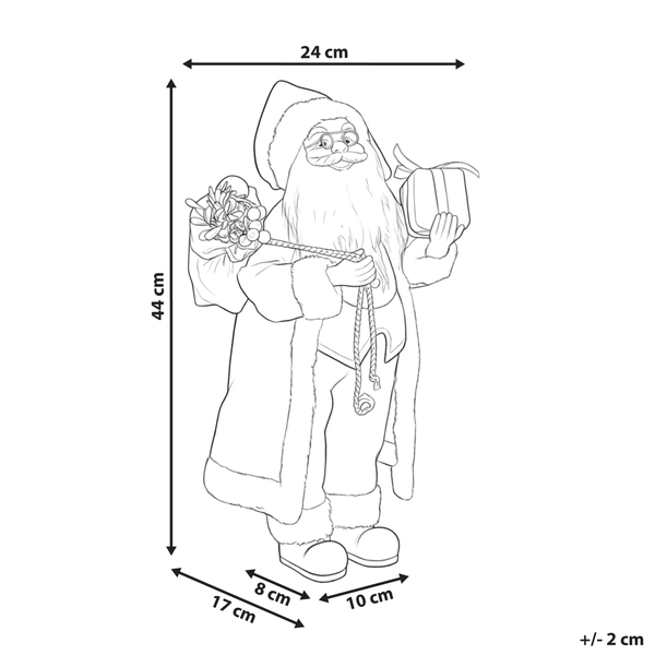 Illustration eines Weihnachtsmannes mit Geschenken und den Maßen 44 x 24 x 17 cm