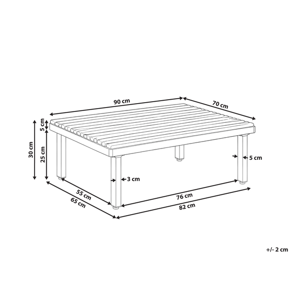 Technische Zeichnung eines rechteckigen Gartenloungetischs mit Maßen zur Veranschaulichung der Produktabmessungen.