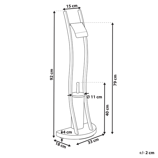 Maßzeichnung stehende Toilettengarnitur mit Papier- und Bürstenhalter. Höhe 92 Zentimeter, Breite 18 Zentimeter, Tiefe 33 Zentimeter.