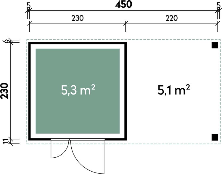 Grundriss eines Gartenhauses mit Terrasse inklusive Maßangaben in Zentimetern und Flächenangaben in Quadratmetern.