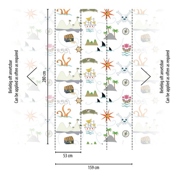 Tapete mit Piratenmotiven und Maßangaben.