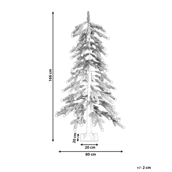 Abmessungen eines künstlichen Weihnachtsbaums mit Beleuchtung: Höhe 166 Zentimeter, Stellfläche 80 Zentimeter