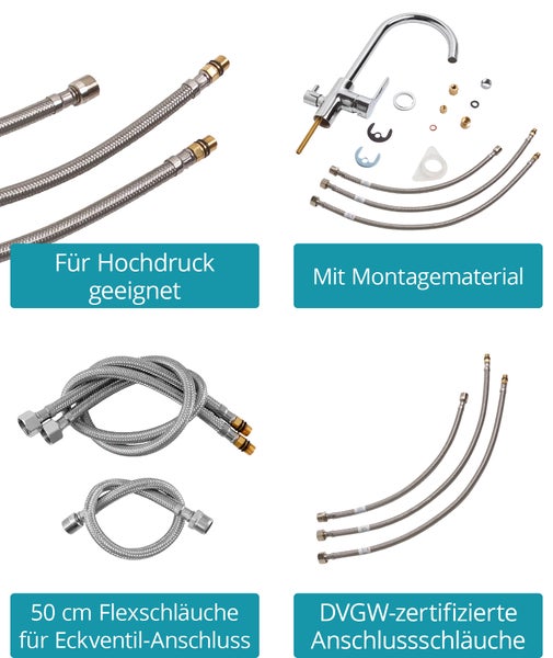 Collage aus Armatur, Montagematerial und 50 Zentimeter DVGW-zertifizierten Flexschläuchen für Hochdruck-Eckventilanschluss.
