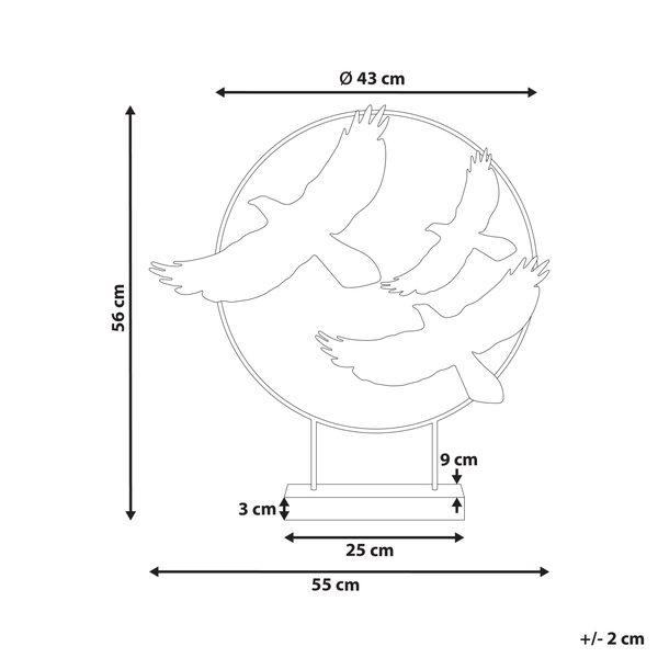 Abmessungen der Dekofigur Vögel im Ring: Höhe 56 cm, Durchmesser Ring 43 cm, Breite 55 cm