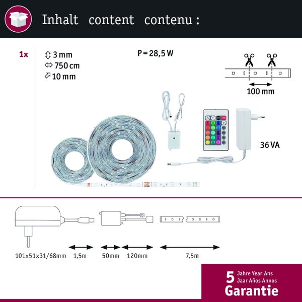 Technische Zeichnung eines LED Streifens mit Controller, Netzteil und den Maßen 3 Millimeter, 750 Zentimeter, 10 Millimeter, 28,5 Watt, 100 Millimeter, 36 VA, 101x51x31/68 Millimeter, 1,5 Meter, 50 Millimeter, 120 Millimeter, 7,5 Meter und 5 Jahre Garantie
