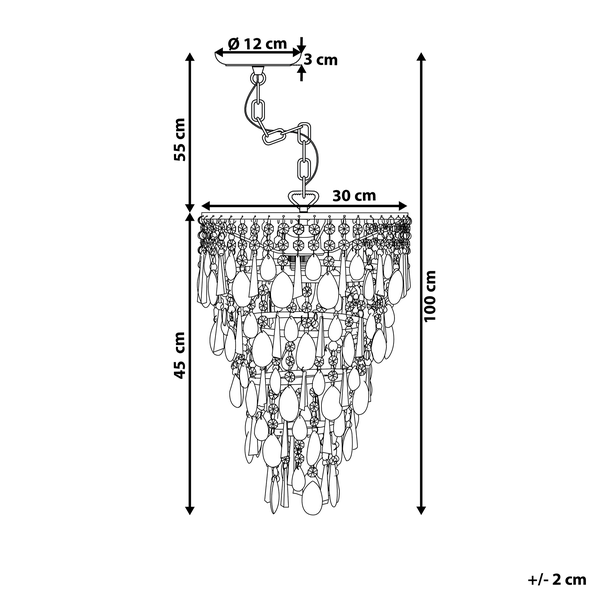 Technische Zeichnung einer Pendelleuchte mit den Maßen 100 cm Höhe, 30 cm Durchmesser, 45 cm für den Lampenschirm und 55 cm für die Aufhängung.