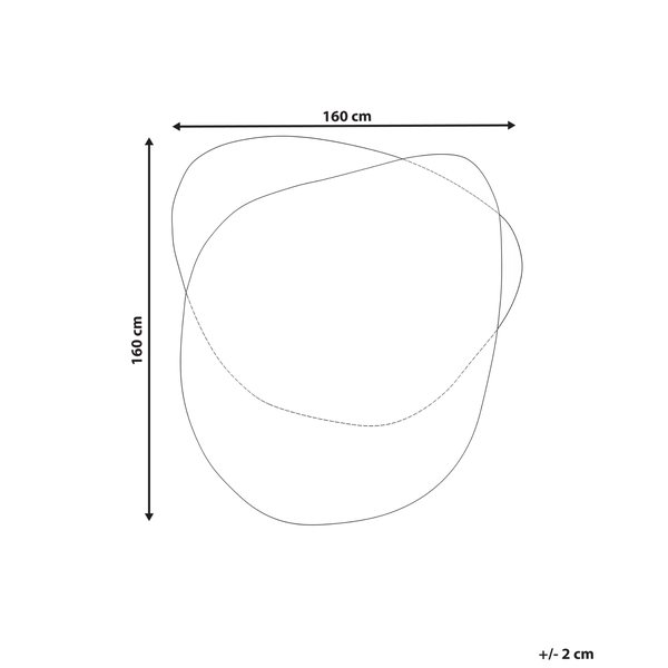 Maßzeichnung für einen Teppich mit unregelmäßiger Form, Breite 160 Zentimeter, Höhe 160 Zentimeter, Toleranz plus minus 2 Zentimeter.