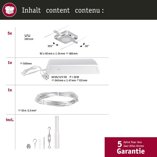 CorDuo LED Seilsystem MacLED Basisset 5x250lm 5x4,5W 3000K 230/12V Weiß, Chrom