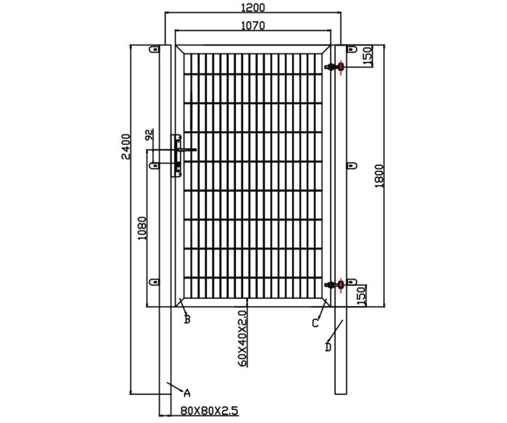 Technische Zeichnung eines Tors mit Maßangaben