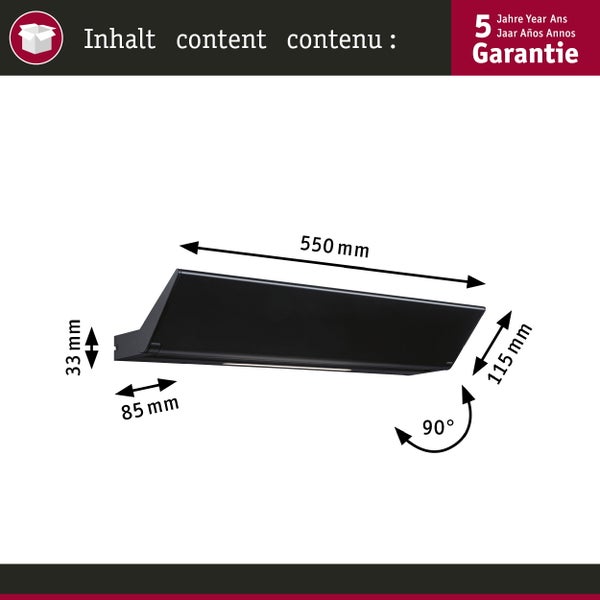 Dimensions of a black shelf: 550 mm long, 115 mm high, 33 mm deep