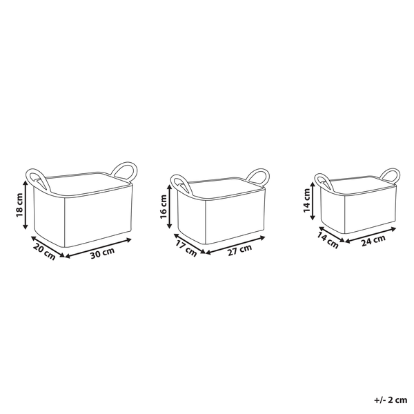 Abbildung von drei Aufbewahrungskörben mit Griffen und Größenangaben