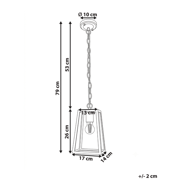 Maßzeichnung einer Pendelleuchte mit 79 cm Gesamthöhe, Schirm 26 cm Höhe und 17 cm Breite.
