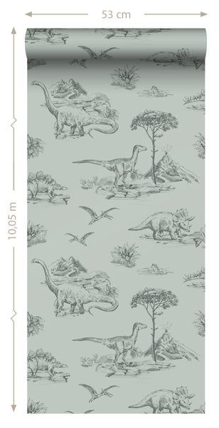 ESTAhome Tapete Dinosaurier Seegrün - 53 cm x 10.05 m - 139556