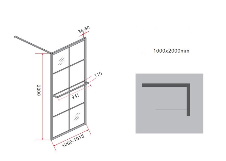 Technische Zeichnung einer Duschwand mit Handtuchhalter und Maßangaben