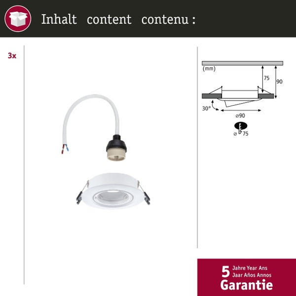 Einbauleuchte 3er-Set schwenkbar rund 90mm 30° GU10 max. 3x10W 230V dimmbar Weiß