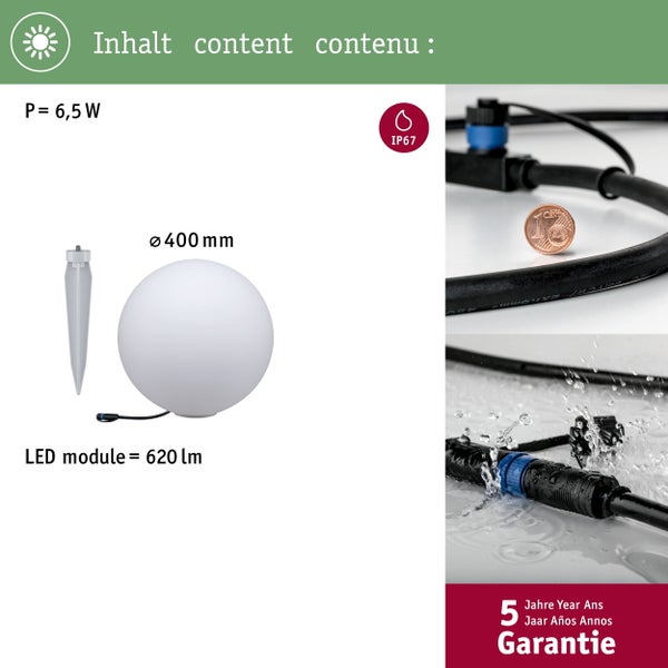 Gartenleuchte mit Erdspieß, Durchmesser 400 Millimeter, LED Modul mit 620 Lumen, Schutzart IP67 und fünf Jahre Garantie