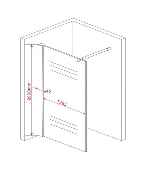 Technische Zeichnung einer Duschkabine mit den Maßen 2000 mm Höhe und 1365 mm Breite