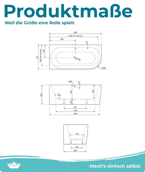 Calmwaters Vorwand-Badewanne 160x75 cm Komplettset Seamless Comfort, fugenloses Design vormontiert mit Schürze & Ablaufgarnitur, rechte Ausführung, Made in EU, Acryl, 02SL6223