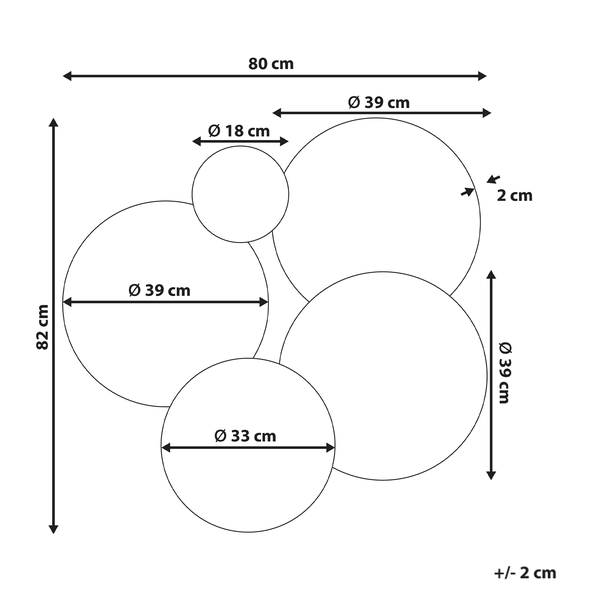 Abmessungen der Wanddekoration mit Kreisen: 82 x 80 cm