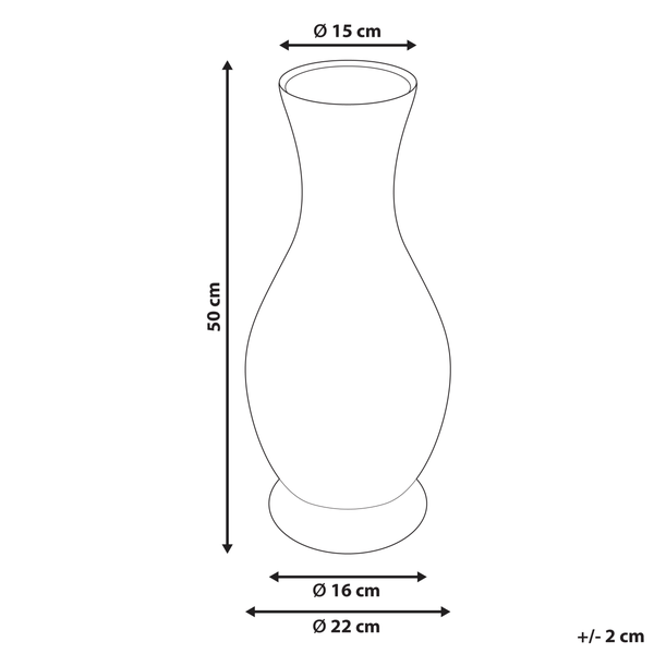Blumenvase mit Maßangaben: Höhe 50 cm, Öffnungsdurchmesser 15 cm, Durchmesser der Basis 16 cm und 22 cm
