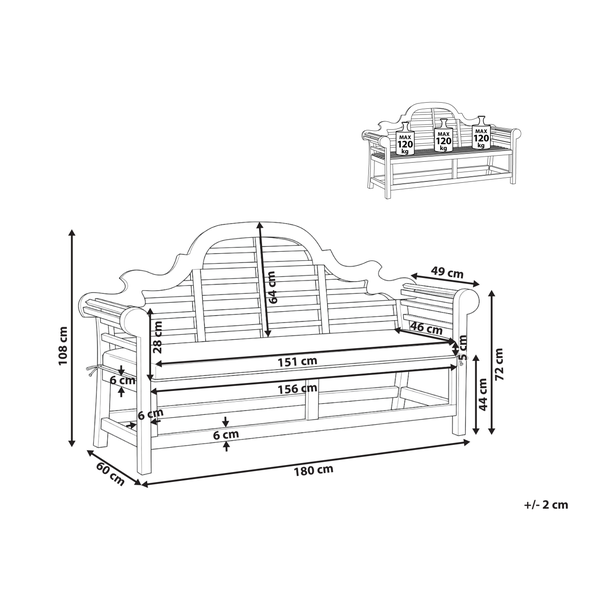 Technische Zeichnung einer Gartenbank mit detaillierten Maßen und maximaler Belastung von 120 Kilogramm pro Sitzplatz.
