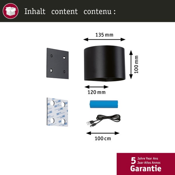 Inhalt der Wandleuchte: Montageplatte, Leuchte, Batterie, USB-Kabel, Klebestreifen und Maße