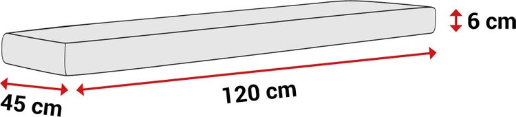 Bankauflage mit den Maßen 120 Zentimeter Länge, 45 Zentimeter Breite und 6 Zentimeter Höhe.