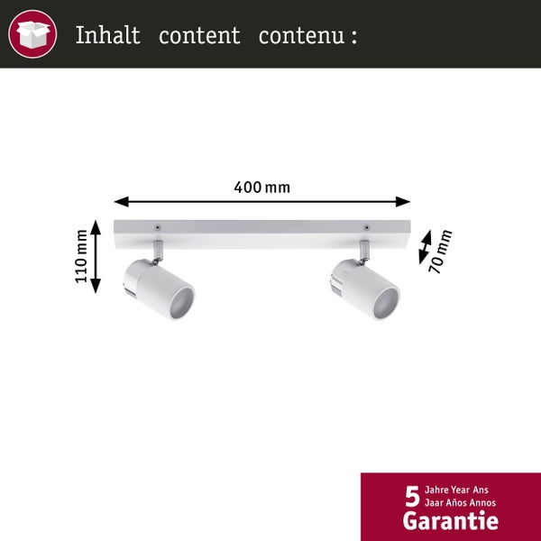 Deckenleuchte mit zwei Strahlern, Abmessungen 400 x 110 x 70 Millimeter, fünf Jahre Garantie
