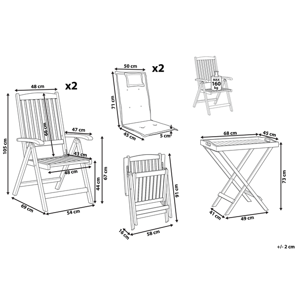 Technische Zeichnung mit Maßen für Gartenmöbel-Set: zwei Klappstühle, Auflagen und Beistelltisch. Maximale Belastbarkeit 160 Kilogramm.