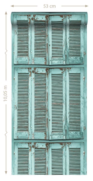 ESTAhome Tapete verwitterte, französische, vintage Fensterläden Grautürkis - 53 cm x 10.05 m - 138884