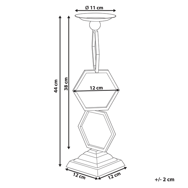Abmessungen eines Dekoständers: 44 Zentimeter hoch, 11 Zentimeter Durchmesser oben, 12 Zentimeter Grundfläche.