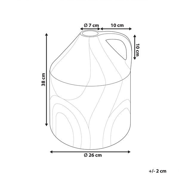 Abbildung eines Kanisters mit den Maßen: 38 cm Höhe, 26 cm Durchmesser, 7 cm Durchmesser der Öffnung und 10 cm Griffhöhe
