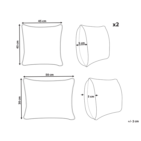 Abbildung mit Maßangaben für ein Kissen im Format 45 mal 45 Zentimeter und ein Kissen im Format 50 mal 30 Zentimeter