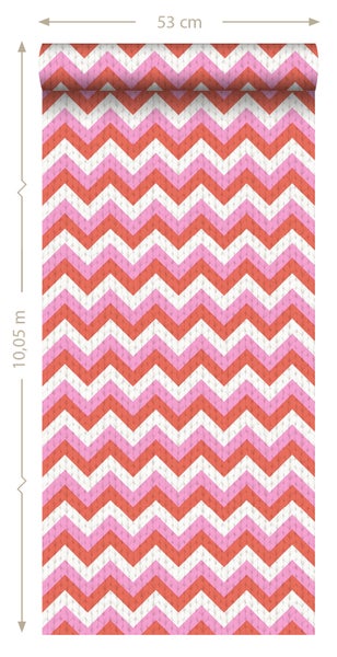 ESTAhome Tapete Zickzack-Motiv Korallenrot und Rosa - 53 cm x 10.05 m - 138135