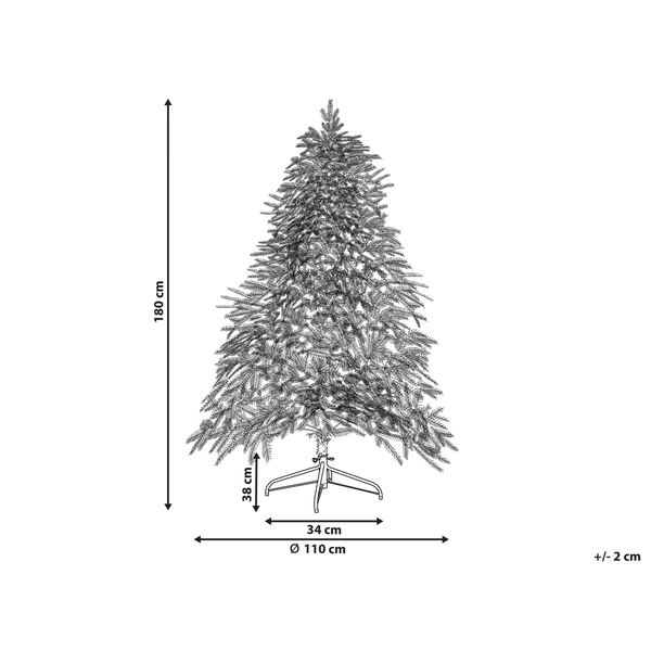 Illustration eines künstlichen Weihnachtsbaums mit den Maßen: Höhe 180 cm, Durchmesser 110 cm.